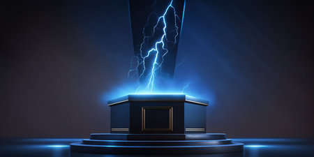 Stage podium illuminated with lightning. Award ceremony concept. 3D Renderingの写真素材