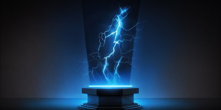 Glowing blue lightning with pedestal on dark background. 3D renderingの写真素材