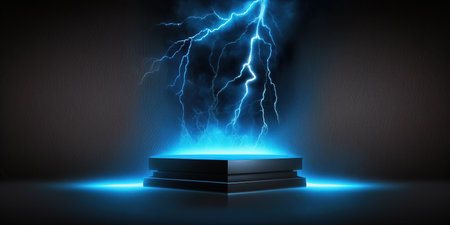 Podium, pedestal or platform illuminated by blue light on dark backgroundの写真素材