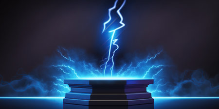 3d rendering of a podium with lightning in the dark background.の写真素材