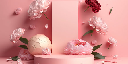 3d render of minimal display podium with peony flowers and petalsの写真素材
