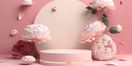 3d rendering of minimal product display podium with peony flowers decoration.の写真素材