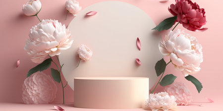 3d render of minimal product display podium with peony flowers.の写真素材