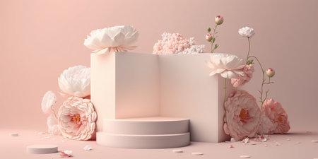 3d render of minimal display podium with peony flowers and petals.の写真素材