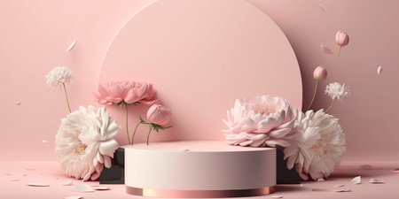 3d render of minimal product display podium with peony flowers.の写真素材