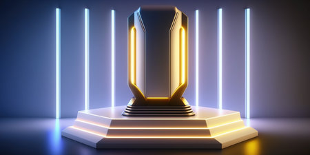 3d rendering of a golden trophy on a pedestal in neon lightの写真素材