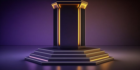 3d rendering of a golden podium with a pedestal on a purple backgroundの写真素材