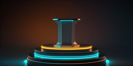 Pedestal with neon light. 3d rendering, 3d illustration.の写真素材