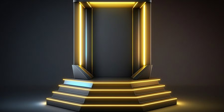 Empty podium illuminated with yellow neon lights. 3D Rendering.の写真素材