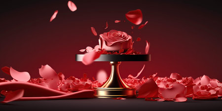 3d render of pedestal with rose petals on red backgroundの写真素材