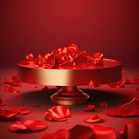 3d render of red rose petals with pedestal podium on red backgroundの写真素材