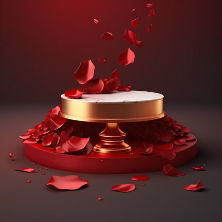 3d render, golden pedestal with red rose petals falling to the floorの写真素材