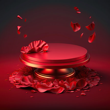 Podium and red rose petals on black background. 3d renderの写真素材