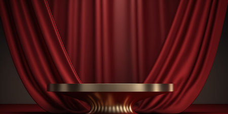 Red velvet curtain with a golden podium. 3d mock up.の写真素材