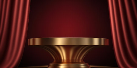 Golden podium and red curtain on a dark background.の写真素材