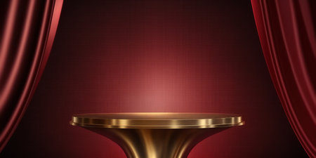 Scene with red curtain and golden podium for mock up presentation in minimal style.の写真素材