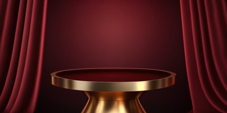 Scene with red curtains and golden podium for mock up presentation in minimalism style.の写真素材