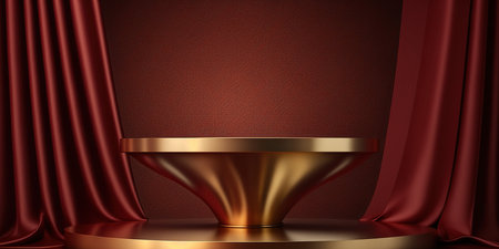 Golden podium and red velvet curtain on dark background.の写真素材