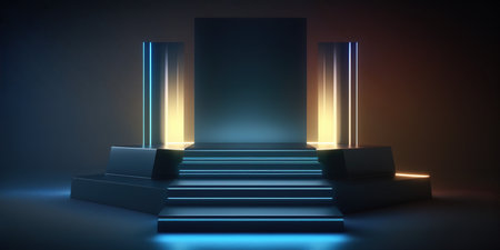 Futuristic podium illuminated by neon lights. 3D rendering.の写真素材