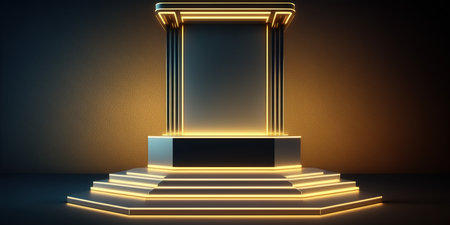 Empty stage podium illuminated by neon lights. Mock up, 3D Renderingの写真素材