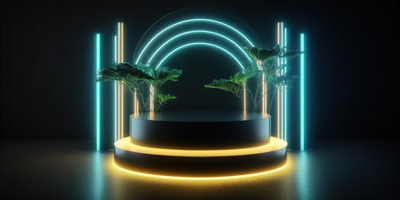 3d render of abstract background with neon lights. Futuristic podium with palm trees.の写真素材