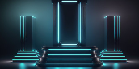 Podium with neon lights, 3d rendering. Computer digital drawing.の写真素材