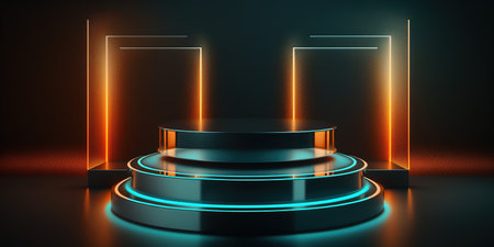 Abstract round podium illuminated with neon lights. Award ceremony concept. Stage backdrop. 3d renderの写真素材
