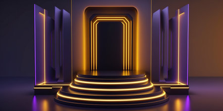 3d rendering of a podium with neon lights. 3d illustrationの写真素材