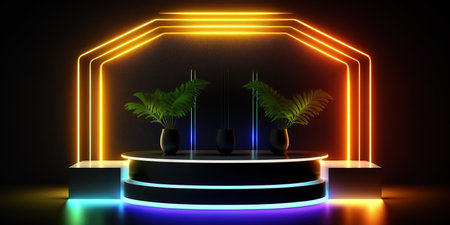 Neon round podium with palm trees. 3D rendering. Neon lightの写真素材