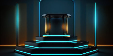 Podium with lighting, Stage Podium Scene with for Award Ceremony on blue Background, 3d renderの写真素材