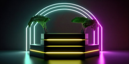 Podium with neon light and palm trees. 3D Renderingの写真素材
