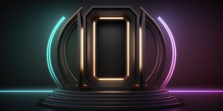 Empty podium illuminated with neon lights. 3d rendering mock up sceneの写真素材