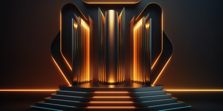 3d rendering of a dark background with neon lights and a podiumの写真素材