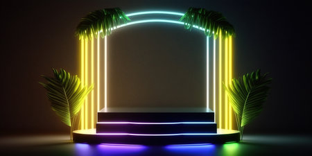 Neon round podium with palm leaves. 3d render illustration.の写真素材