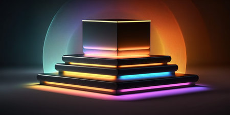 3d illustration of podium in dark room with neon light and reflectionsの写真素材