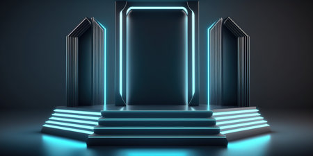 3D rendering, Futuristic portal with neon light, 3d illustrationの写真素材