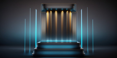 Stage podium with lighting, Stage Podium Scene with for Award Ceremony on blue Background, Vector illustrationの写真素材