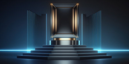 Empty podium illuminated by neon lights. Mock up, 3D Renderingの写真素材