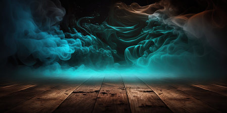 Dark room with wooden floor, smoke and fog. 3D renderingの写真素材