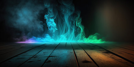 Fog and smoke on wooden floor. 3D illustration. Dark background.の写真素材
