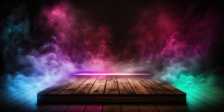 Empty wooden floor with pink and blue smoke on black background. 3D illustrationの写真素材