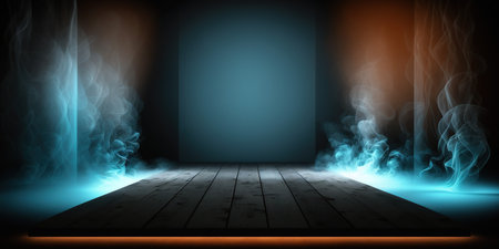 Dark room with wooden floor and blue smoke - 3D Renderingの写真素材