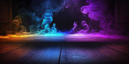 Conceptual image of a room with wooden floor and colorful smokeの写真素材