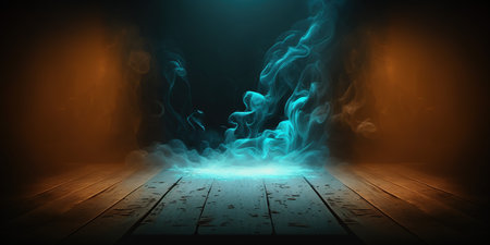 Wooden floor with smoke and fire on dark background. 3D renderingの写真素材