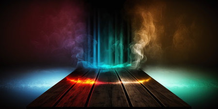 Dark room with wooden floor, lights and smoke, 3d renderingの写真素材