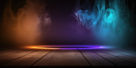 Empty wooden table with colorful smoke background. Mock up, 3D Renderingの写真素材