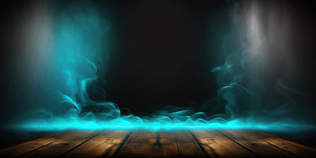Blue smoke on a dark background. Wooden floor. Place for text.の写真素材