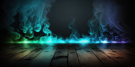 Wooden floor and blue smoke on black background. 3D renderingの写真素材