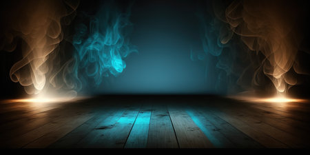 Dark room with wooden floor, smoke and light effects. 3D renderingの写真素材