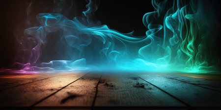 Smoke on the wooden floor. Abstract background. Colorful smokeの写真素材